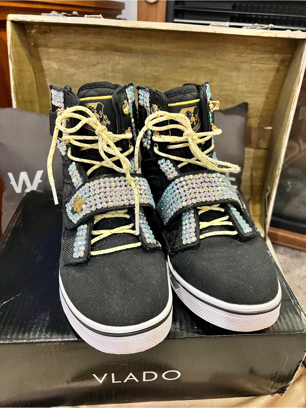 Vlado Black High-Top Sneakers with Iridescent Crystal Straps